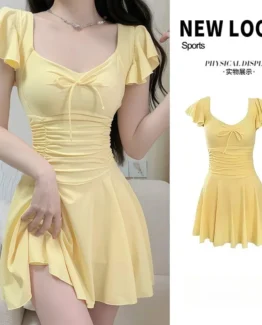 Yellow One Piece Swimsuit Ruffled Short Sleeve Ruched Waist Skirted Bathing Suit for Women Beach Pool Vacation Swimwear